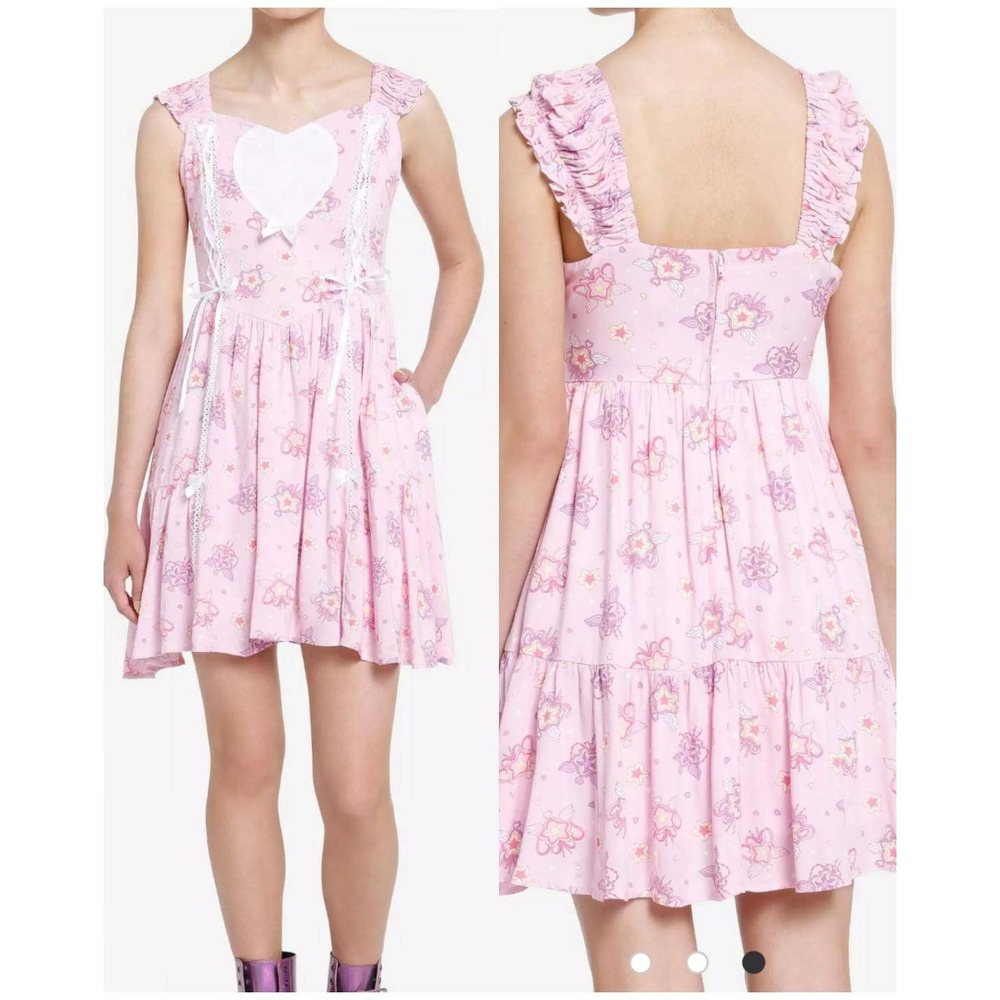 Sweet Society Hot Topic Pink Kawaii Wings Tiered Dress Heart Lace Up Size Large